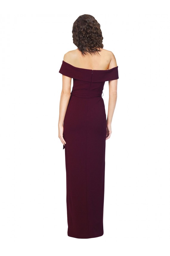 Fitted Full Length Off the Shoulder Crepe Bridesmaid Dress with Side Split and Waist Tie UK