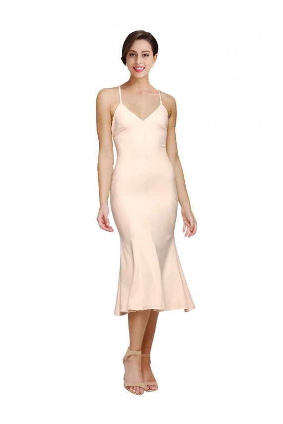 Midi Length V-Neckline Crepe Bridesmaid Dress with Thin Straps and Fulted Skirt UK