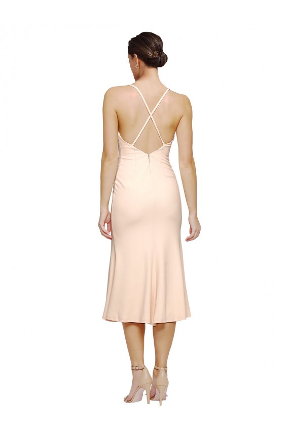Midi Length V-Neckline Crepe Bridesmaid Dress with Thin Straps and Fulted Skirt UK