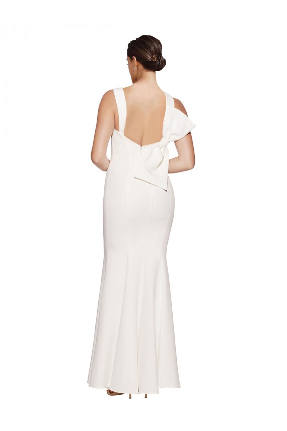 Full Length Square Neck Crepe Bridesmaid Dress with Asymmetrical Straps and Bow Back UK