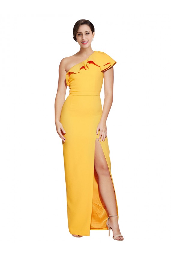 One Shoulder Floor Length Crepe Bridesmaid Dress with Thigh High Split UK