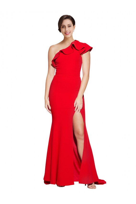 One Shoulder Long Sweep Train Crepe Bridesmaid Dress with Thigh High Split UK