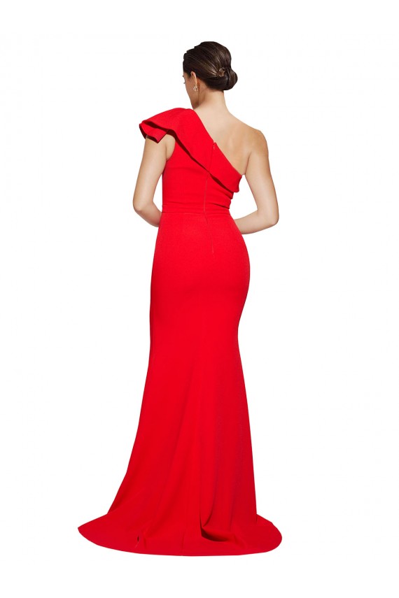 One Shoulder Long Sweep Train Crepe Bridesmaid Dress with Thigh High Split UK