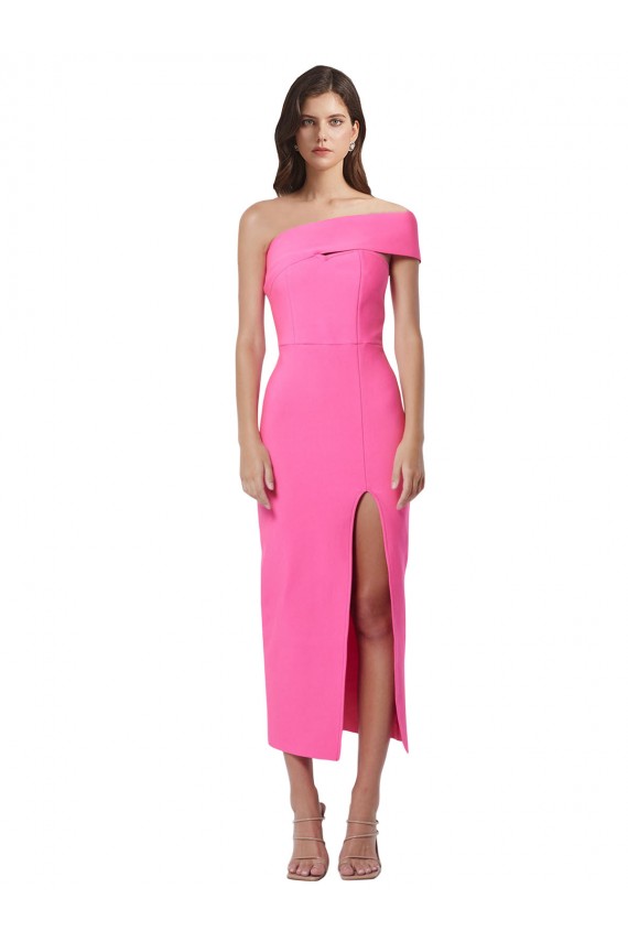 One Shoulder Neckline Short Midi Length Crepe Bridesmaid Dress UK
