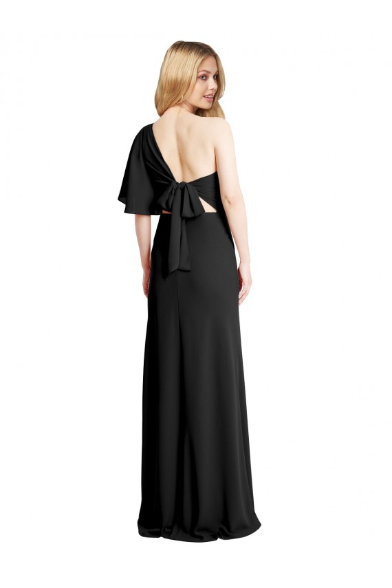 Pleated One Shoulder Flutter Sleeves Slim Crepe Bridesmaid Dress UK