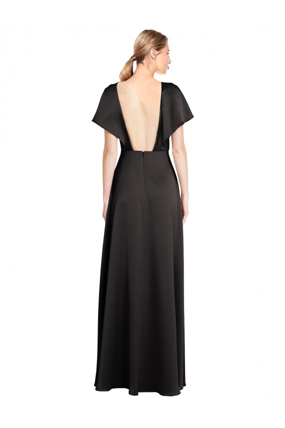 Cap Sleeves Open Back Long Stretch Satin Bridesmaid Dress UK
