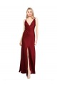 Floor Length Deep V-Back Stretch Satin Bridesmaid Dress with Front Slit UK
