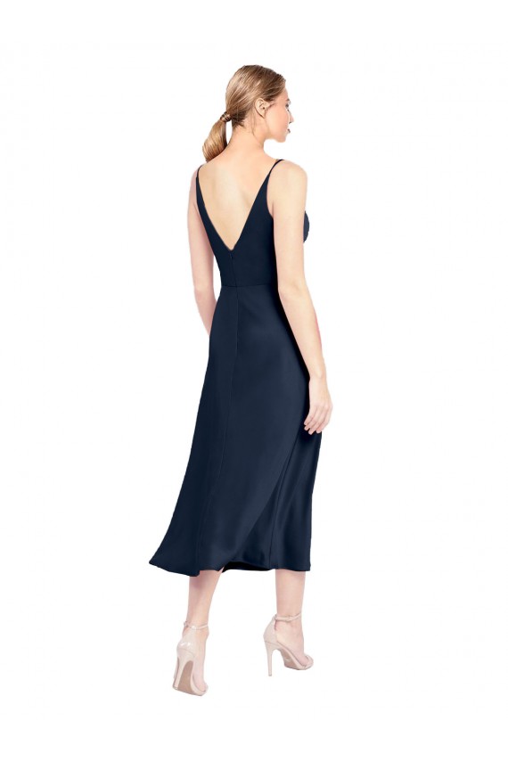 V-Neck Midi Length Short Stretch Satin Bridesmaid Dress V-Back UK