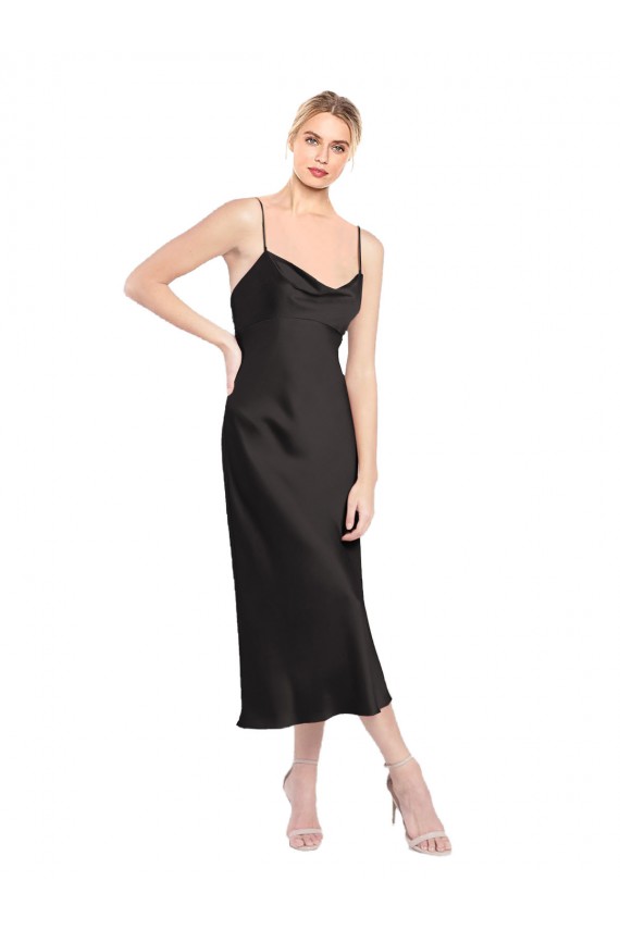 Cowl Neck Midi Length Short Stretch Satin Slip Bridesmaid Dress UK