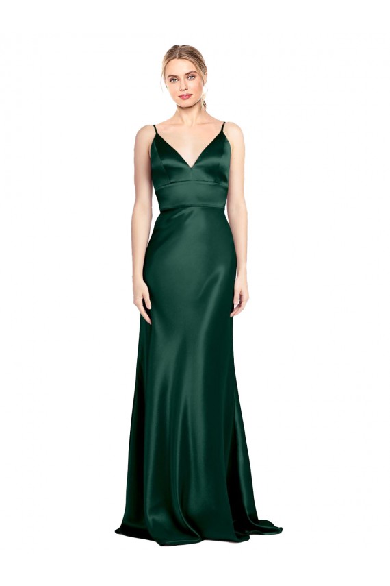High V-Neck Long Full Length Sheath Stretch Satin Bridesmaid Dress UK