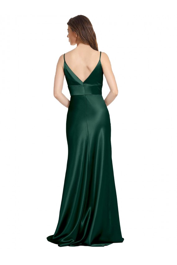 High V-Neck Long Full Length Sheath Stretch Satin Bridesmaid Dress UK
