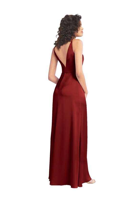 Faux Surplice Neckline Long Slim A-Line Stretch Satin Bridesmaid Dress UK