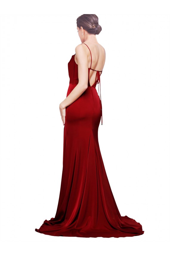 Cowl Front Neck Sweep Train Stretch Satin Bridesmaid Dress with High Side Split UK