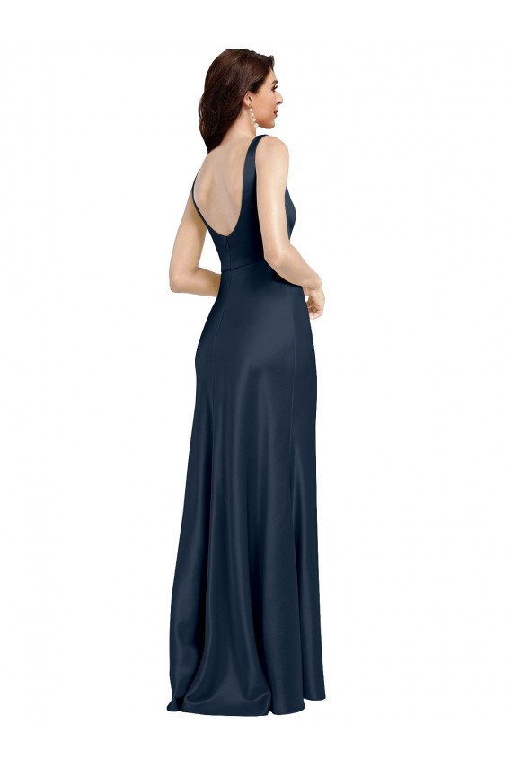 Square Neck A-Line Long Stretch Satin Bridesmaid Dress with Wide Straps UK