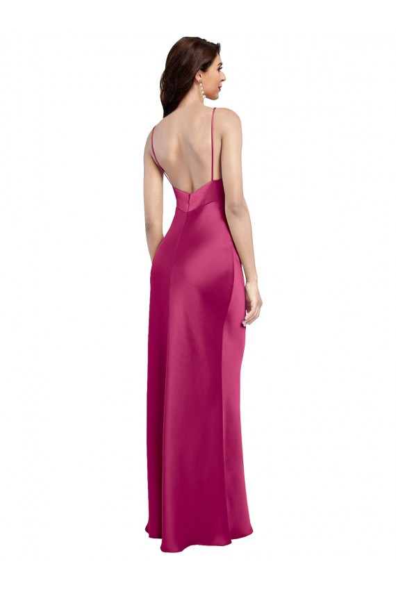 V-Neck Spaghetti Straps Slim Stretch Satin Bridesmaid Dress with Low Scoop Back UK