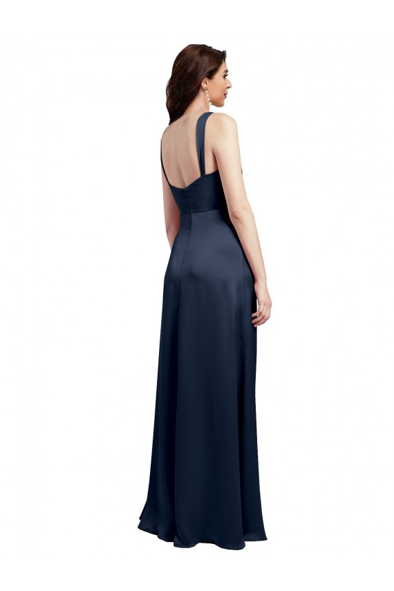 Cowl Neck Soft Long Stretch Satin Bridesmaid Dress with Side Slit and Pleated Straps UK