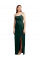 Sleek Straight Neckline Long Wrap Stretch Satin Bridesmaid Dress with Angled Pleats UK