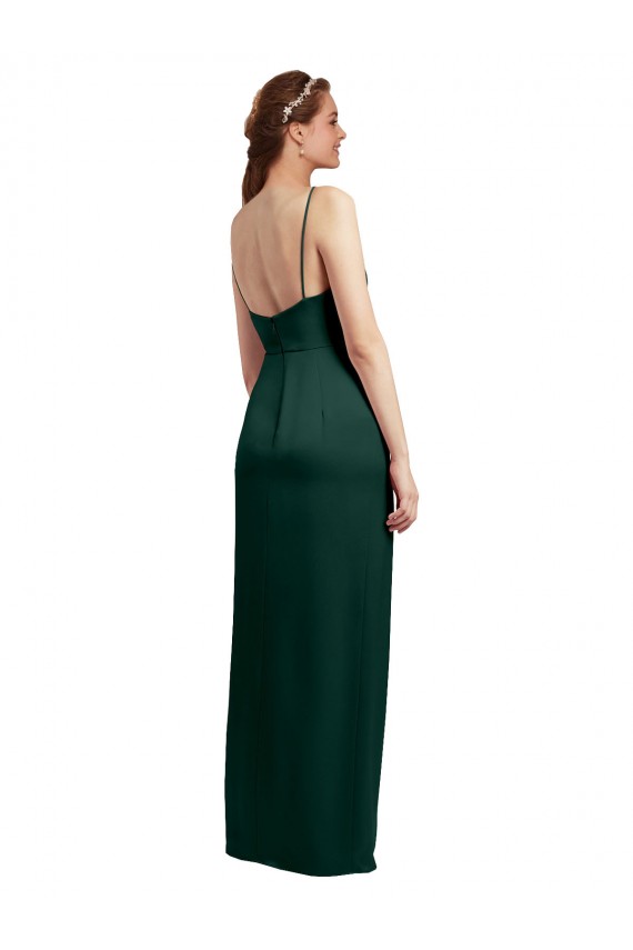 Sleek Straight Neckline Long Wrap Stretch Satin Bridesmaid Dress with Angled Pleats UK