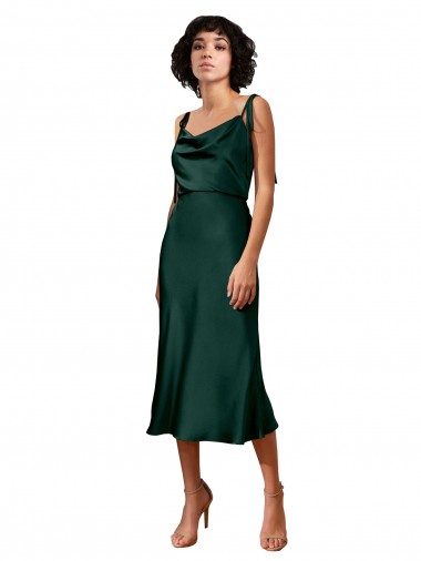 Spaghetti Straps Tie Shoulders Cowl Neck Short Midi Length Stretch Satin Bridesmaid Dress UK