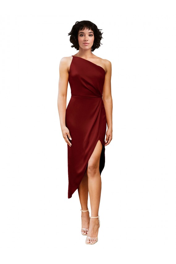 One Shoulder Midi Length Short Stretch Satin Wrap Style Bridesmaid Dress UK