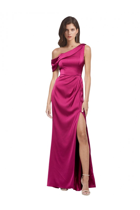 Off the Shoulder Short Sleeves Stretch Satin Bridesmaid Dress with Side Slit UK