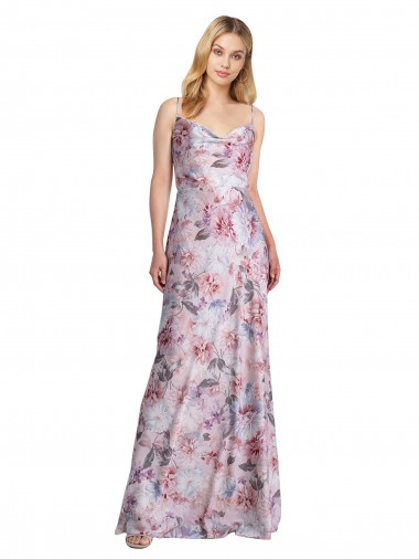 Draped Cowl Neck Long Printed Stretch Satin Bridesmaid Dress UK