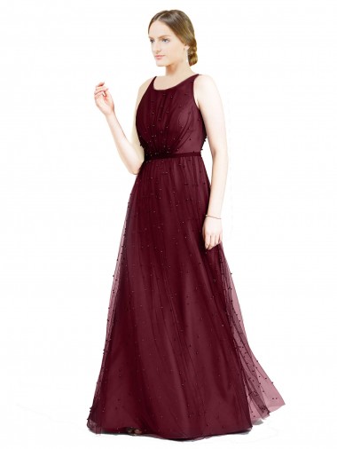 Sleeveless Boat Neck Long Pearl Tulle Bridesmaid Dress with Keyhole Back UK