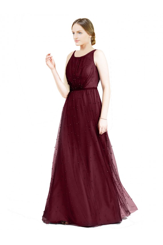 Sleeveless Boat Neck Long Pearl Tulle Bridesmaid Dress with Keyhole Back UK