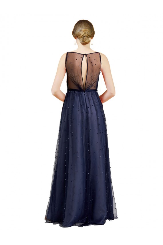 Sleeveless Boat Neck Long Pearl Tulle Bridesmaid Dress with Keyhole Back UK