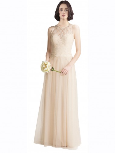 Full Length Tulle Bridesmaid Dress with Corded Lace Over Sweetheart Neckline UK