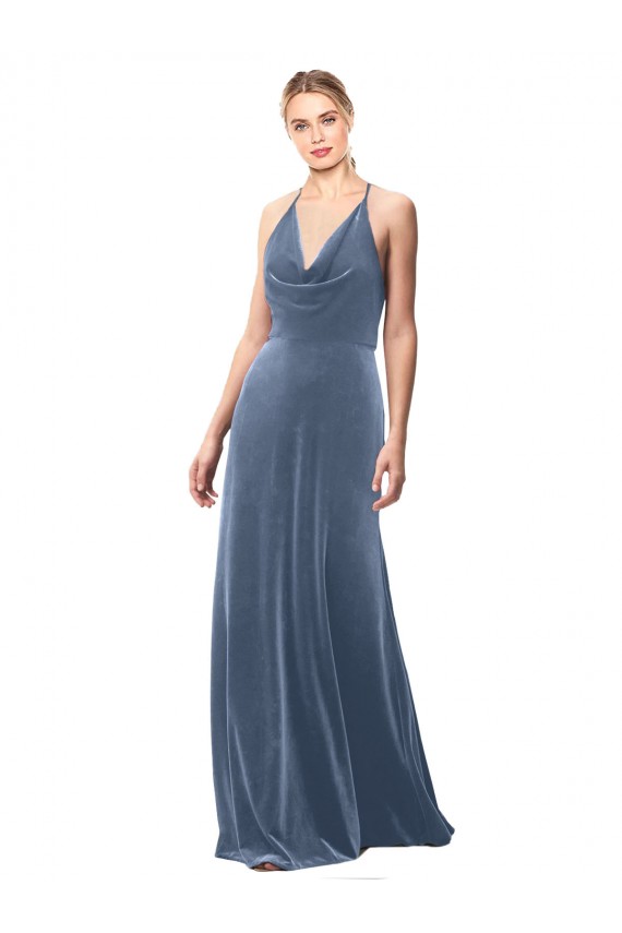 Halter Cowl Neck Long A-Line Velvet Bridesmaid Dress with Keyhole Back UK