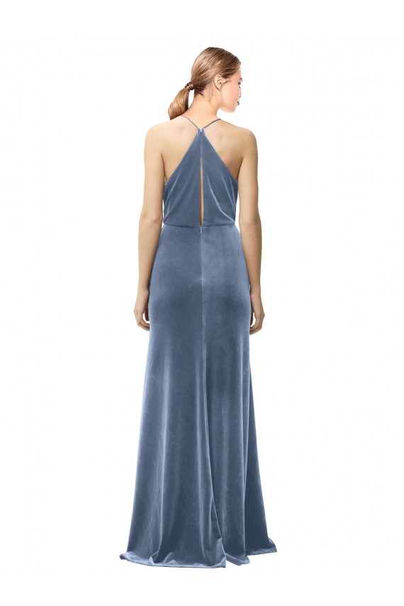 Halter Cowl Neck Long A-Line Velvet Bridesmaid Dress with Keyhole Back UK
