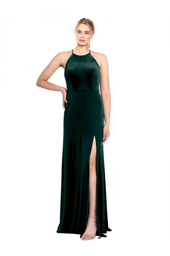 Long Jewel Neck Full Length Velvet Bridesmaid Dress with Side Slit UK