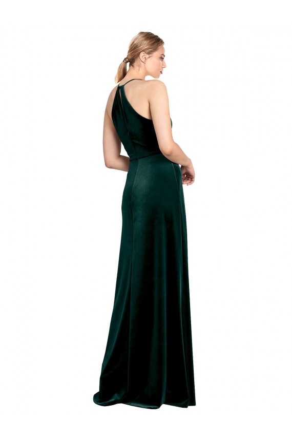 Long Jewel Neck Full Length Velvet Bridesmaid Dress with Side Slit UK