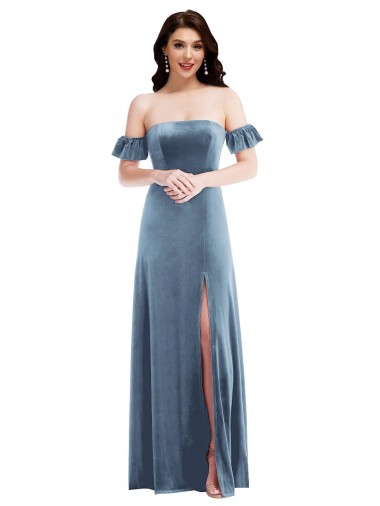 Ruffle Sleeve Off the Shoulder Velvet Maxi Bridesmaid Dress UK
