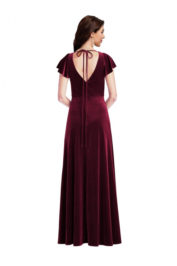 Flutter Sleeve Velvet Maxi Bridesmaid Dress with Pockets UK