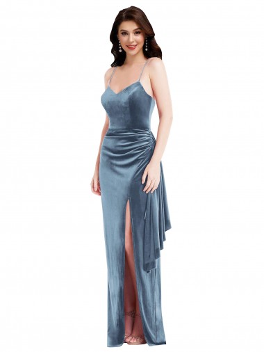 Spaghetti Strap Velvet Maxi Bridesmaid Dress with Draped Skirt UK