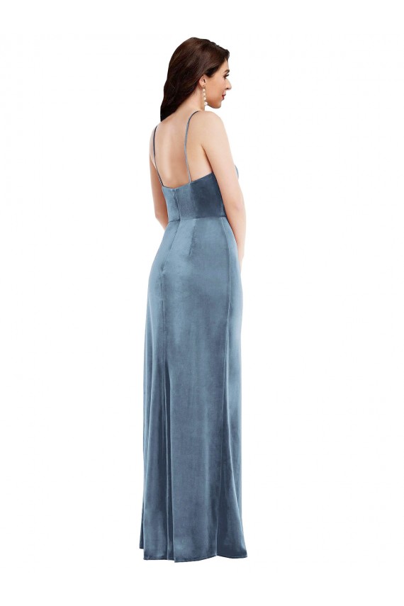 Spaghetti Strap Velvet Maxi Bridesmaid Dress with Draped Skirt UK