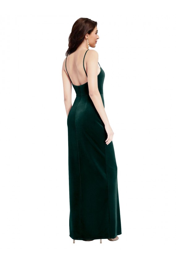 Straight Neckline Spaghetti Straps Long Velvet Bridesmaid Dress with High Side Slit UK