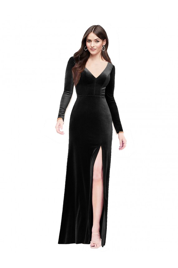 Long Sleeves Velvet Bridesmaid Dress with V-Neckline and Thigh Slit UK