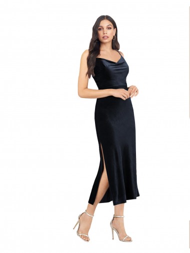 Midi Length Velvet Bridesmaid Dress with Cowl Neck and Spaghetti Straps UK
