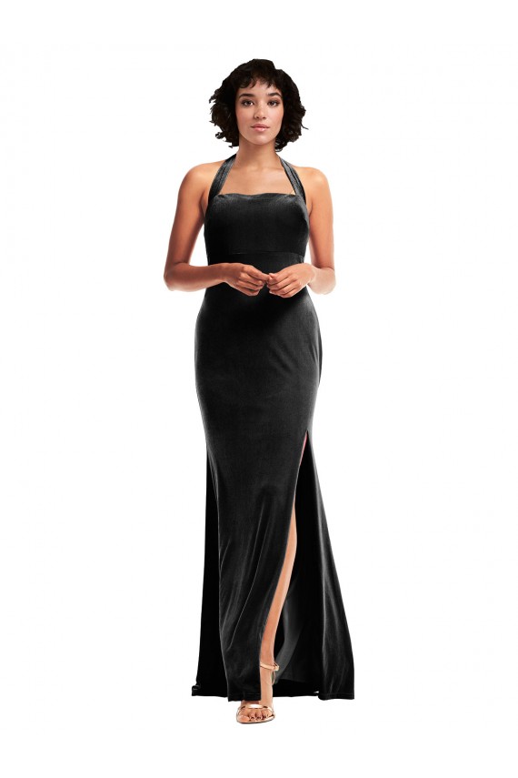 Stretch Velvet Empire Bridesmaid Dress with Halter Strap UK