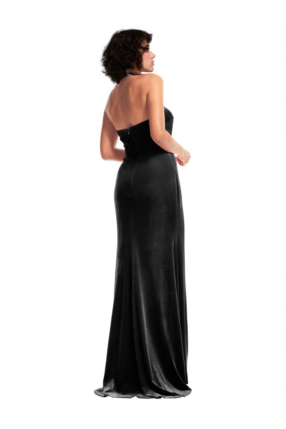 Stretch Velvet Empire Bridesmaid Dress with Halter Strap UK
