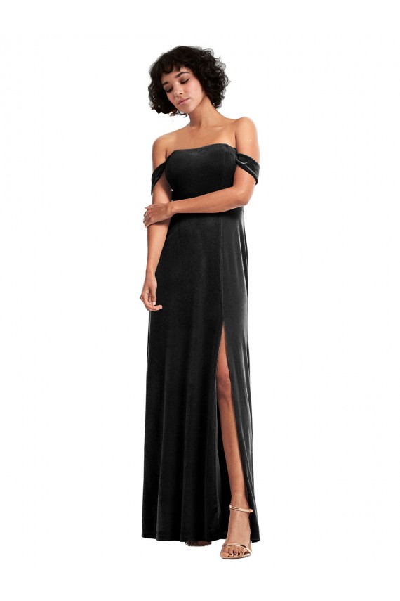 Stretch Velvet Bridesmaid Dress with Off the Shoulder Drapped Sleeves UK
