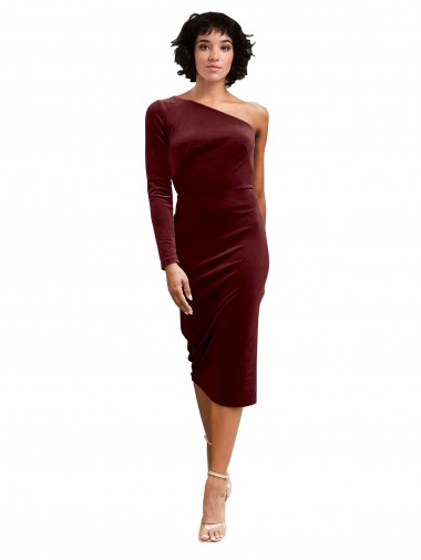 One Shoulder Fitted Short Midi Length Velvet Bridesmaid Dress UK