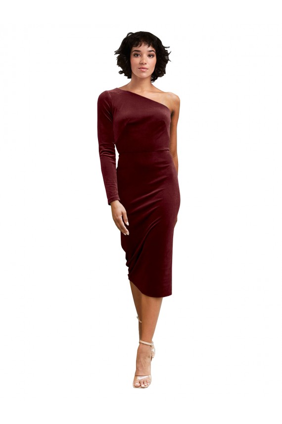 One Shoulder Fitted Short Midi Length Velvet Bridesmaid Dress UK