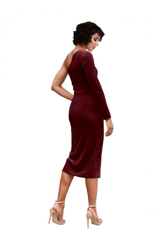 One Shoulder Fitted Short Midi Length Velvet Bridesmaid Dress UK
