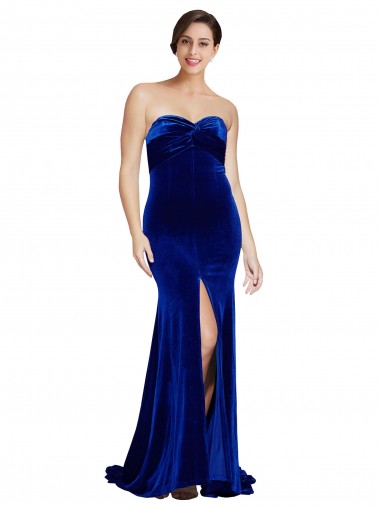 Strapless Ruched Velvet Bridesmaid Dress with Sweep Train and Front Slit UK