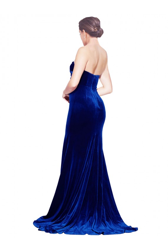 Strapless Ruched Velvet Bridesmaid Dress with Sweep Train and Front Slit UK