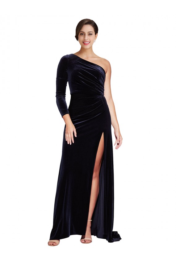 One Sleeve Long Velvet Bridesmaid Dress with Thigh High Split UK